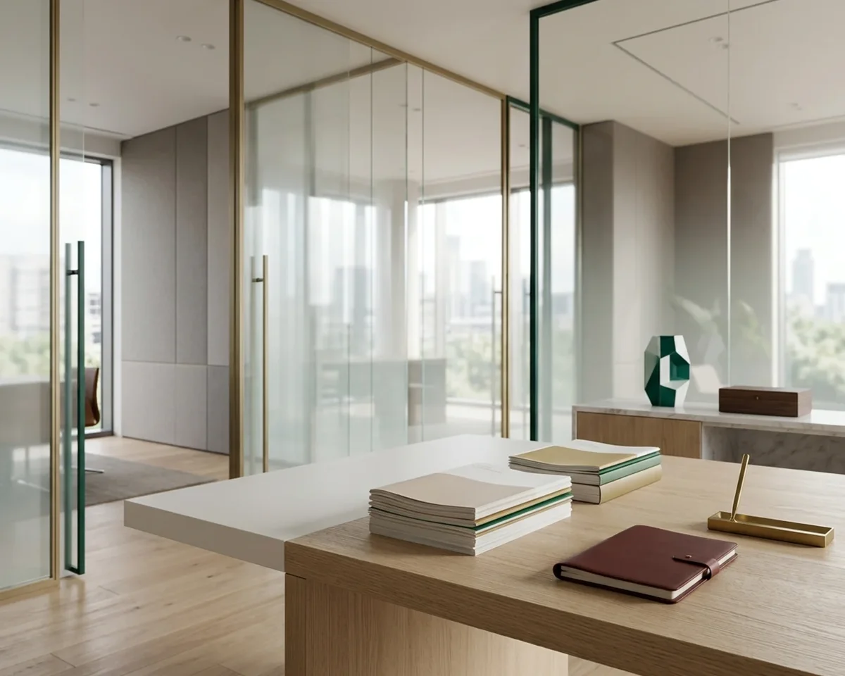 Abstract private advisory workspace with layered documents, glass architecture, and quiet executive materials